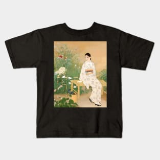 Serene Beauty: A Japanese Lady in a Summer Garden - vintage Japanese art Kids T-Shirt